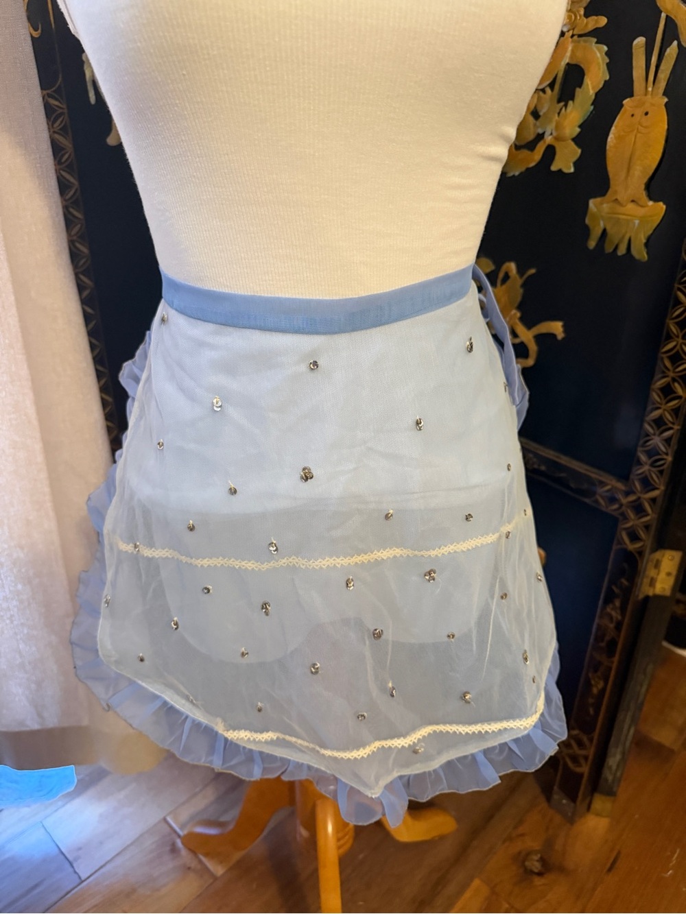Vintage Light Blue Embellished Tulle Mini Skirt